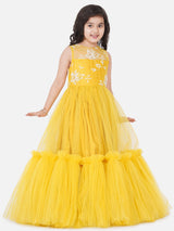 Girls Yellow Floral Embroidered Net Gown