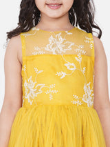Girls Yellow Floral Embroidered Net Gown
