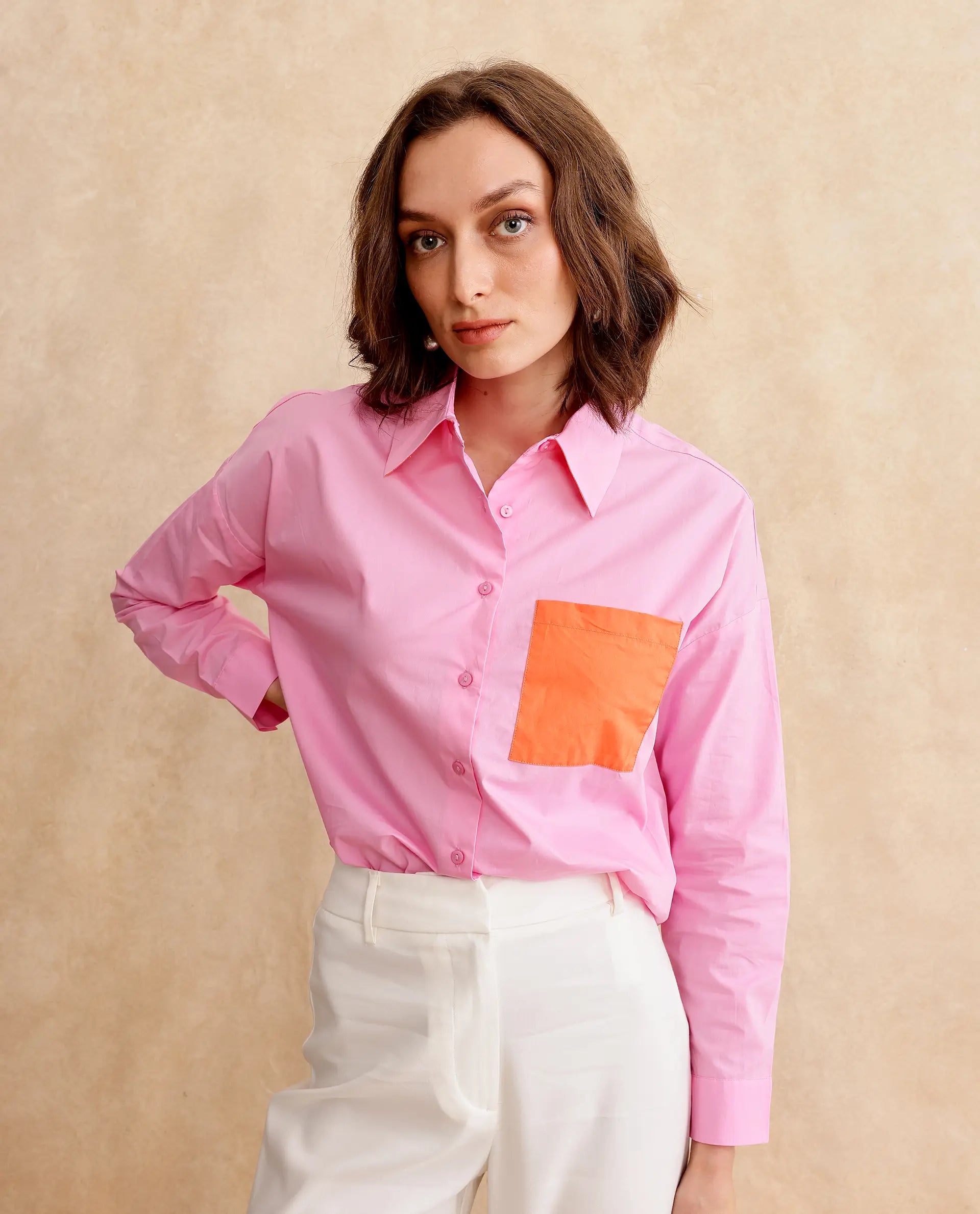 Women's Bereio Pink Poplin Fabric Cuffed Sleeve Collared Neck Button Closure Plain Shirt