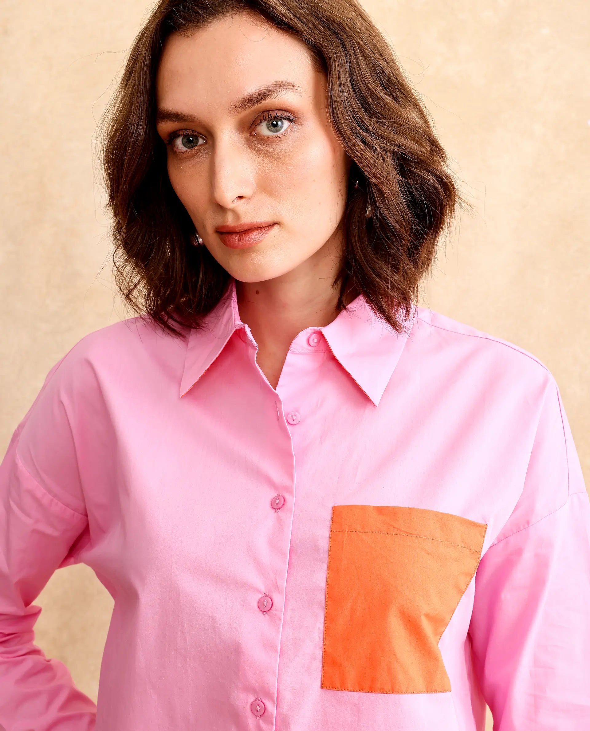 Women's Bereio Pink Poplin Fabric Cuffed Sleeve Collared Neck Button Closure Plain Shirt