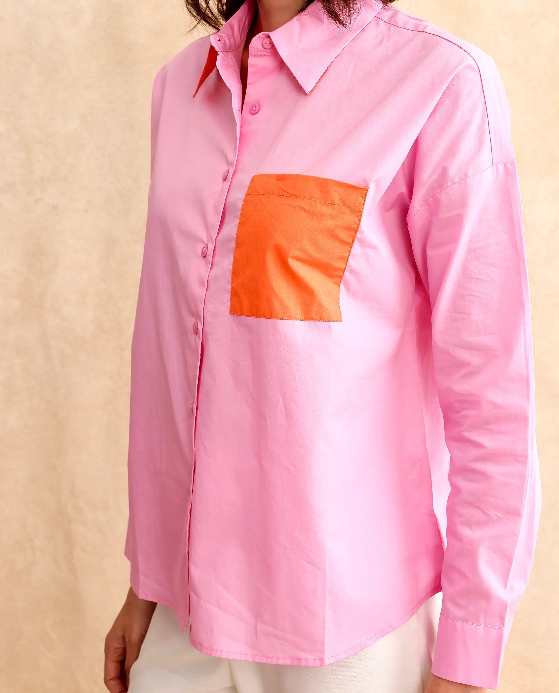 Women's Bereio Pink Poplin Fabric Cuffed Sleeve Collared Neck Button Closure Plain Shirt