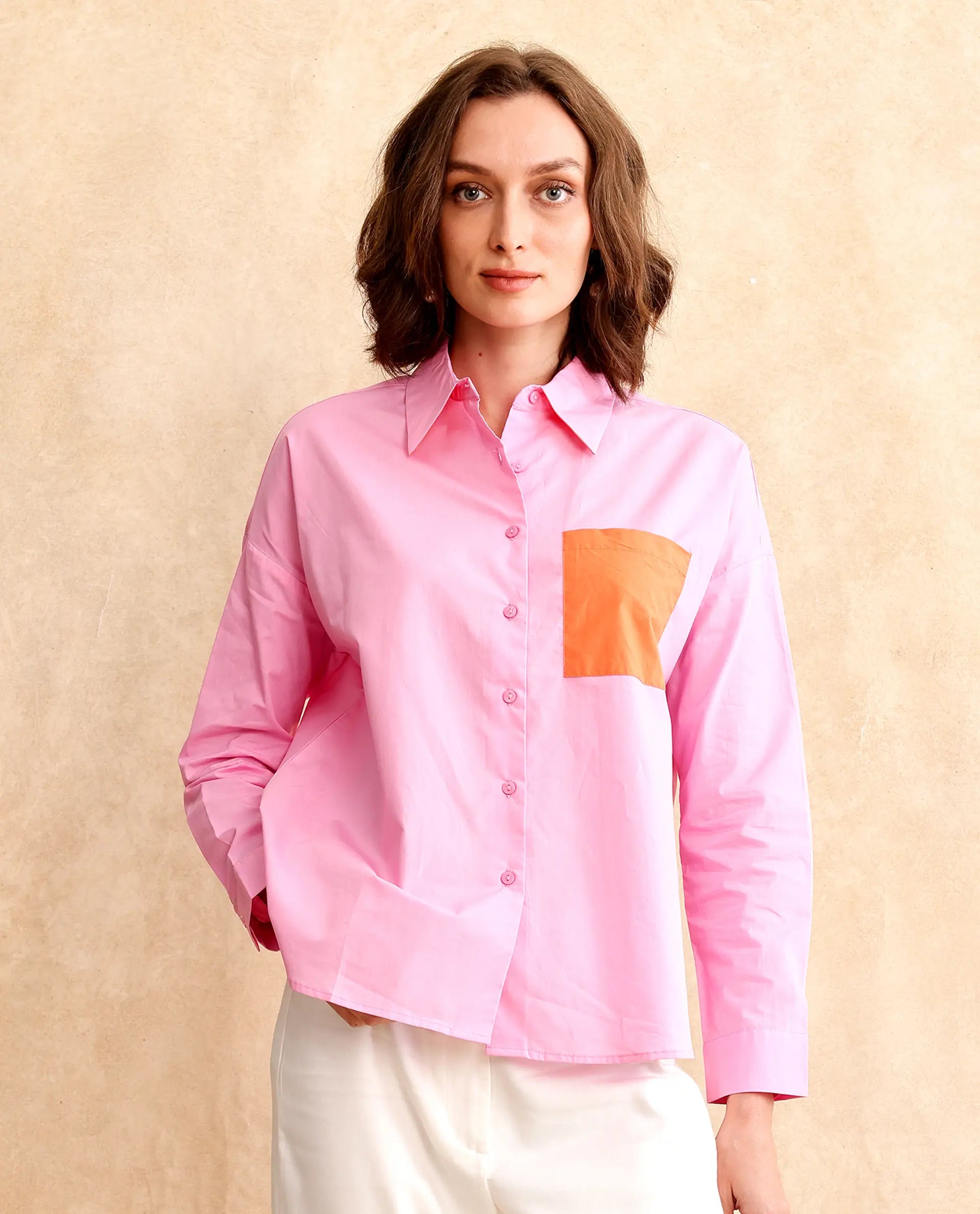 Women's Bereio Pink Poplin Fabric Cuffed Sleeve Collared Neck Button Closure Plain Shirt