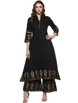 Women's Black & Gold-Toned Solid Kurta with Palazzo