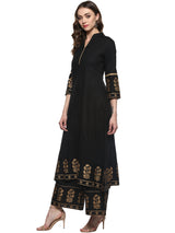 Women's Black & Gold-Toned Solid Kurta with Palazzo