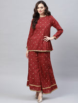 Women's Red & Golden Printed Kurti with Palazzo
