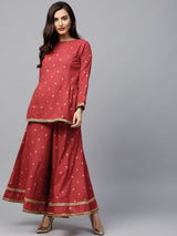 Women's Red & Golden Printed Kurti with Palazzo