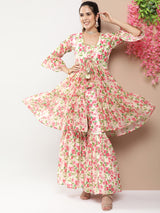 Women's Beige Floral Printed Regular Gotta Patti Kurta With Sharara