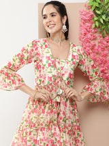 Women's Beige Floral Printed Regular Gotta Patti Kurta With Sharara