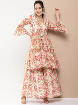 Women's Beige Floral Printed Regular Gotta Patti Kurta With Sharara