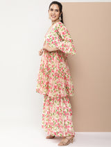 Women's Beige Floral Printed Regular Gotta Patti Kurta With Sharara