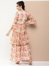 Women's Beige Floral Printed Regular Gotta Patti Kurta With Sharara