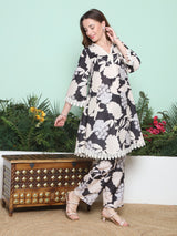 Women's Couture Black & Beige Floral Printed Flared Kurta Set