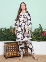 Women's Couture Black & Beige Floral Printed Flared Kurta Set