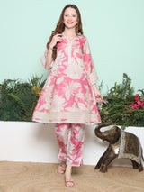 Women's Couture Pink & Beige Floral Printed Flared Kurta Set