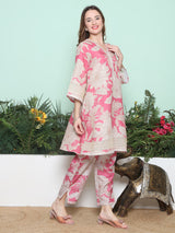 Women's Couture Pink & Beige Floral Printed Flared Kurta Set