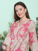 Women's Couture Pink & Beige Floral Printed Flared Kurta Set