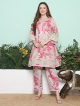 Women's Couture Pink & Beige Floral Printed Flared Kurta Set
