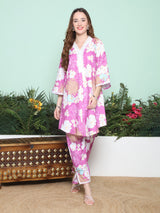 Women's Couture Purple & Off White Floral Printed Flared Kurta Set