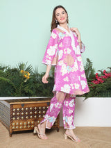 Women's Couture Purple & Off White Floral Printed Flared Kurta Set