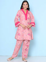 Women's Pink Floral Printed Kurta with Trouser