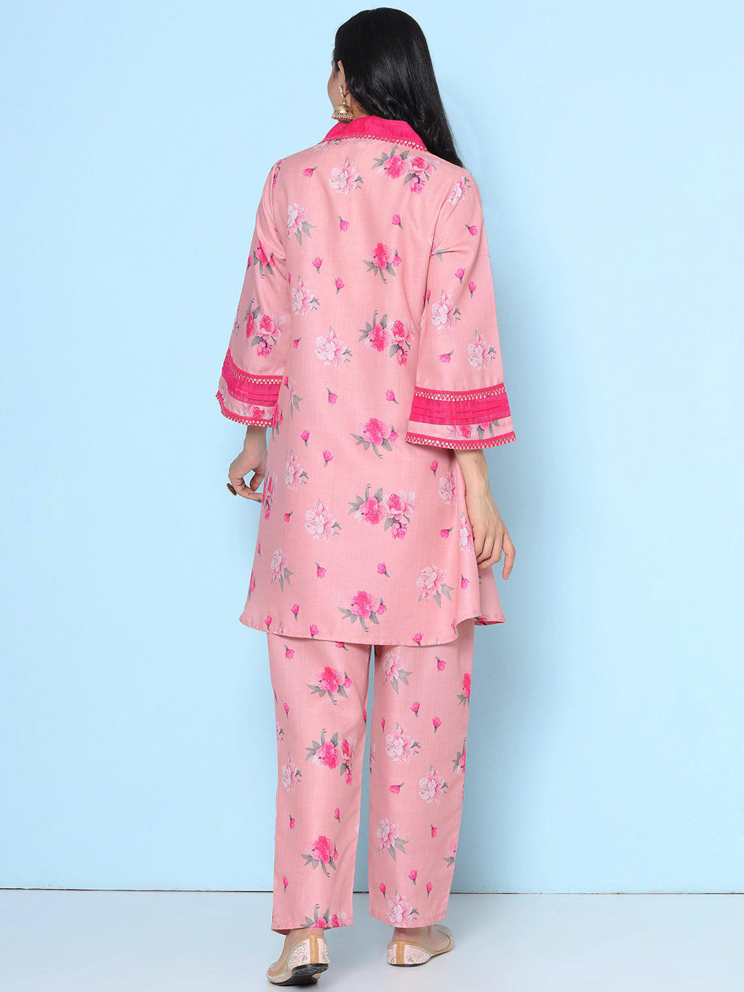 Women's Pink Floral Printed Kurta with Trouser