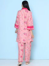 Women's Pink Floral Printed Kurta with Trouser