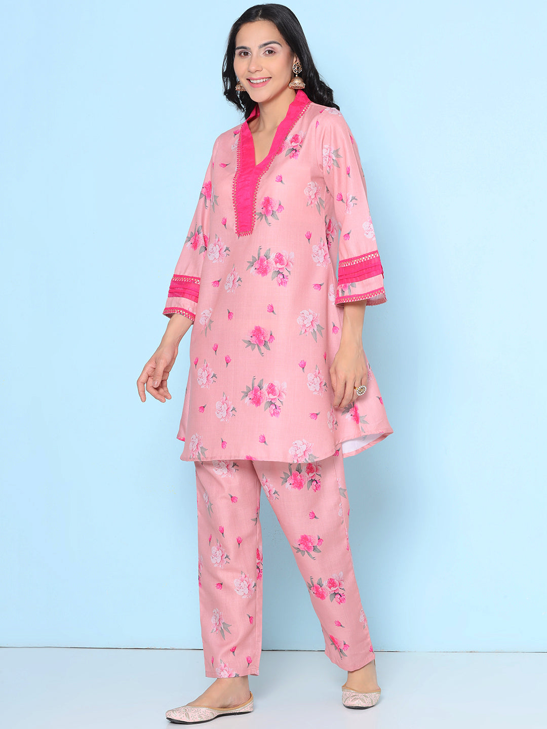 Women's Pink Floral Printed Kurta with Trouser