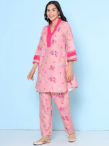 Women's Pink Floral Printed Kurta with Trouser