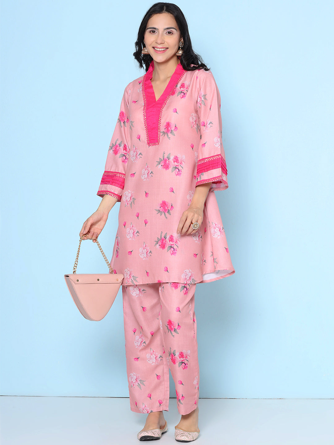 Women's Pink Floral Printed Kurta with Trouser