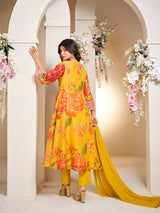 Women's Couture Yellow Floral Printed Flared Anarkali Kurta with Palazzo & Dupatta