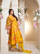 Women's Couture Yellow Floral Printed Flared Anarkali Kurta with Palazzo & Dupatta