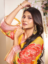 Women's Couture Yellow Floral Printed Flared Anarkali Kurta with Palazzo & Dupatta