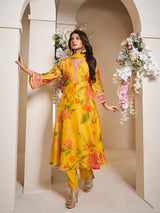 Women's Couture Yellow Floral Printed Flared Anarkali Kurta with Palazzo & Dupatta