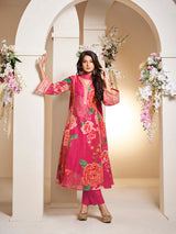 Women's Couture Pink Floral Printed Flared Anarkali Kurta with Palazzo & Dupatta