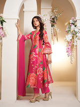 Women's Couture Pink Floral Printed Flared Anarkali Kurta with Palazzo & Dupatta