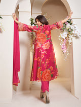 Women's Couture Pink Floral Printed Flared Anarkali Kurta with Palazzo & Dupatta