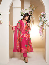 Women's Couture Pink Floral Printed Flared Anarkali Kurta with Palazzo & Dupatta