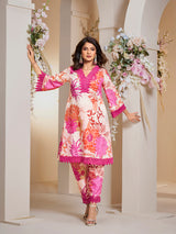 Women's Couture Off White Pink Multi Colour Floral Printed Kurta Set