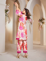 Women's Couture Off White Pink Multi Colour Floral Printed Kurta Set