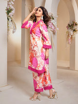 Women's Couture Off White Pink Multi Colour Floral Printed Kurta Set