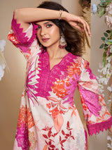 Women's Couture Off White Pink Multi Colour Floral Printed Kurta Set
