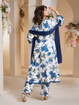 Women's Couture Blue Floral Printed Kurta with Palazzo & Dupatta