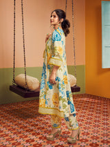 Women's Couture Beige Multi Blue Yellow Floral Printed Kurta Set