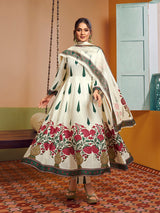 Women's Couture Off White Floral Printed Anarkali Flared Kurta with Palazzo & Dupatta