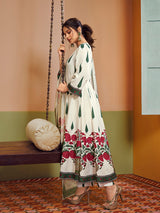 Women's Couture Off White Floral Printed Anarkali Flared Kurta with Palazzo & Dupatta