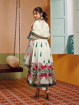 Women's Couture Off White Floral Printed Anarkali Flared Kurta with Palazzo & Dupatta