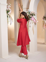 Women's Couture Red colour Embroidered Anarkali Flared Kurta with Palazzos
