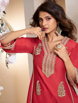 Women's Couture Red colour Embroidered Anarkali Flared Kurta with Palazzos
