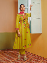 Women's Couture Yellow Embroidered Anarkali Flared Kurta with Palazzo & Dupatta