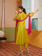Women's Couture Yellow Embroidered Anarkali Flared Kurta with Palazzo & Dupatta
